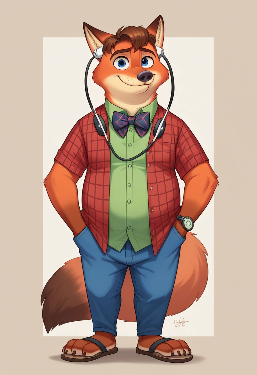 hyperrealistic art, furry portrait, bright colors, full body photography, full figure picture, masterpiece, Best quality, A high resolution, Brown hair, barefoot Gideon Gray blue eyes, (Zootopia, Cute, chubby, male fox, reddish fur, longer fur on the cheeks, side part hairstyle, shorter muzzle) in casual adult clothing, a blue checkered shirt, bow tie, long pants, sandals with heels,in the park, detailed beautiful paws with short claws, I watch videos on my smartphone, red light in his eyes, smiling, Earplugs. detailed background, anatomically correct, 8 k, (wide dynamic range, dynamic angles and pose:1.2), spicy, Concentrated, (prayer):1.23, (particle),(author:by Jackaloo)