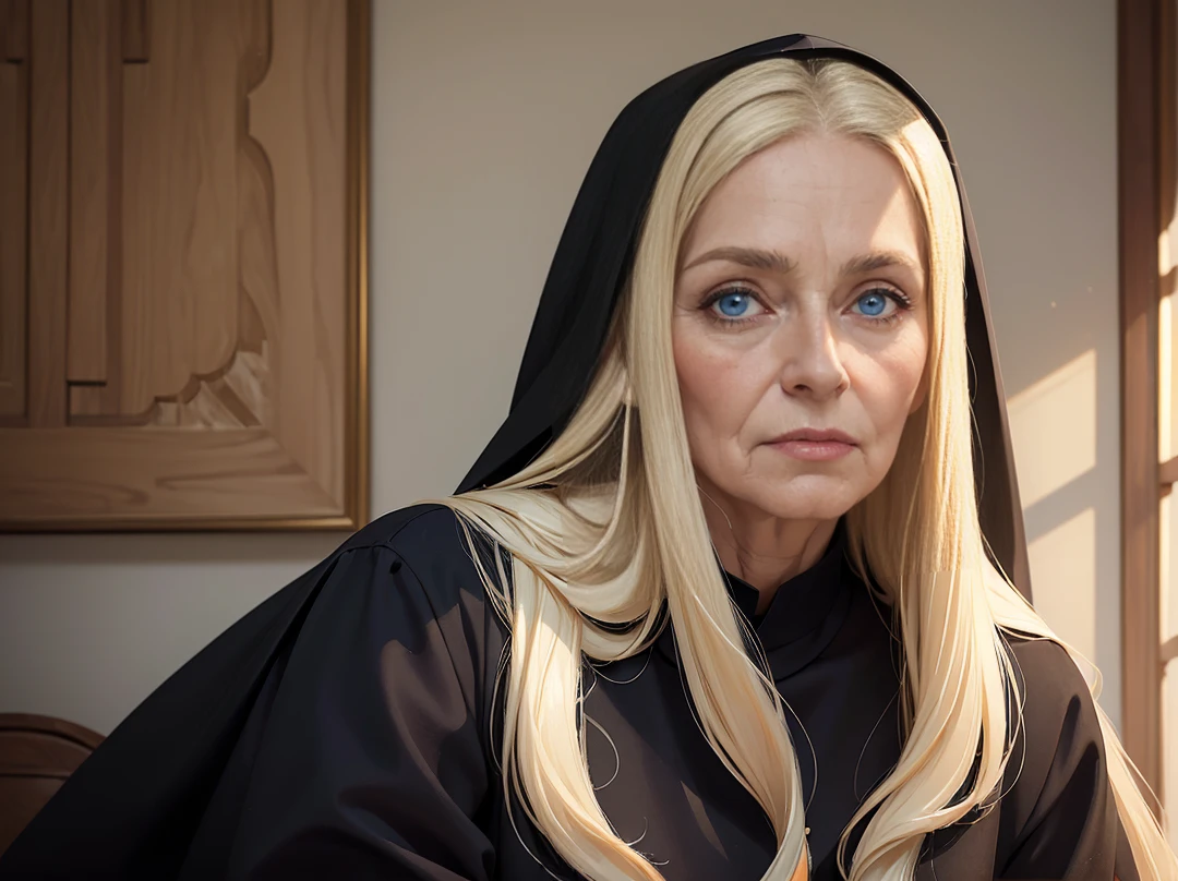 (masterpiece, best quality:1.4), portrait Solo, ((old woman)), (((60 years old))), Pure blond straight hair, black clothes, (long hair) (((straight hair))), Detailed hair, Blue Eyes, beautiful eyes, light on the face, pale skin, a 50 year old mysterious, dark, woman, nun, 