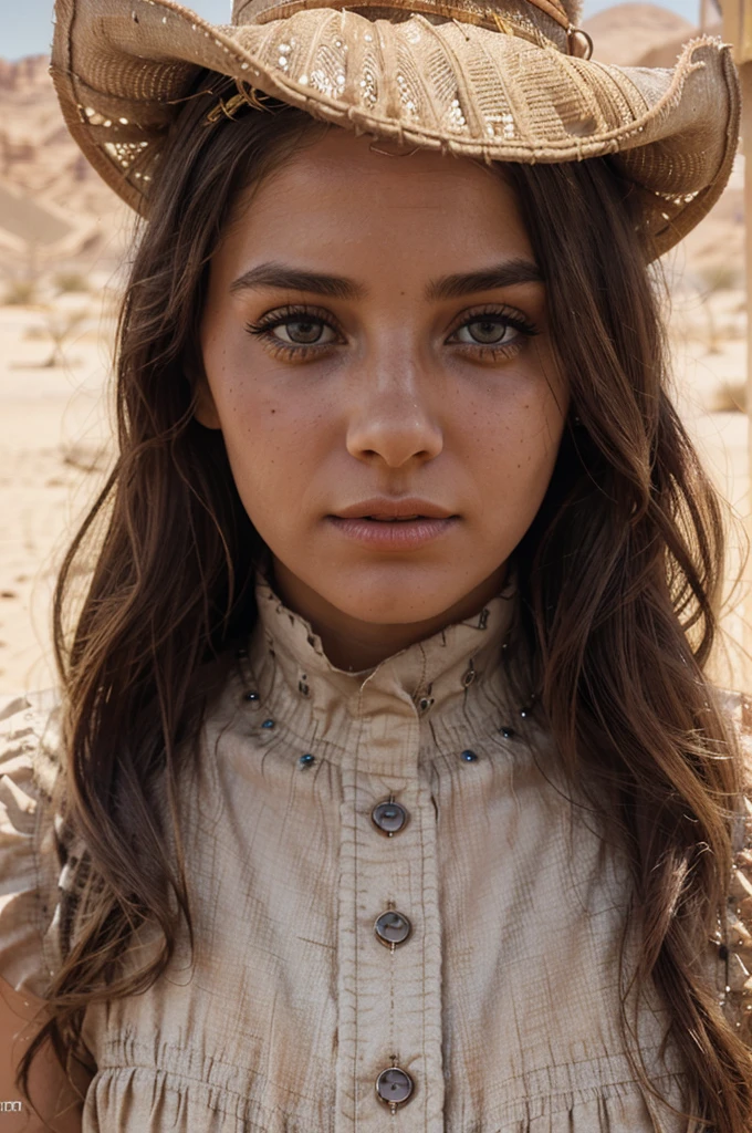 A girl in a desert, beautiful detailed eyes, beautiful detailed lips, extremely detailed eyes and face, long eyelashes, cowgirl, deserted oasis, sandy palace, desert mirage, desert wind, desert flower, desert heat, sandy landscape, ghostly atmosphere, photorealistic, 8k, high quality, hyper detailed, vibrant colors, cinematic lighting, dramatic shadows, warm color tones