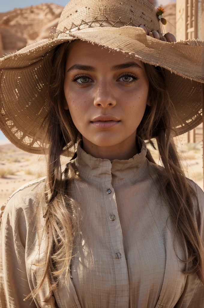 A girl in a desert, beautiful detailed eyes, beautiful detailed lips, extremely detailed eyes and face, long eyelashes, cowgirl, deserted oasis, sandy palace, desert mirage, desert wind, desert flower, desert heat, sandy landscape, ghostly atmosphere, photorealistic, 8k, high quality, hyper detailed, vibrant colors, cinematic lighting, dramatic shadows, warm color tones