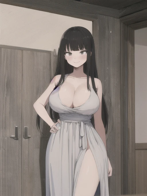 (masterpiece, high quality:1.4), break,White skin、
One Girl, , alone, (Large Breasts:1.2),(Semi-long hair:1.2), Black Hair、bangs、Short Mash Hair、Tight waist, Brown eyes, break、Grey maxi dress、The whole body is visible、smile