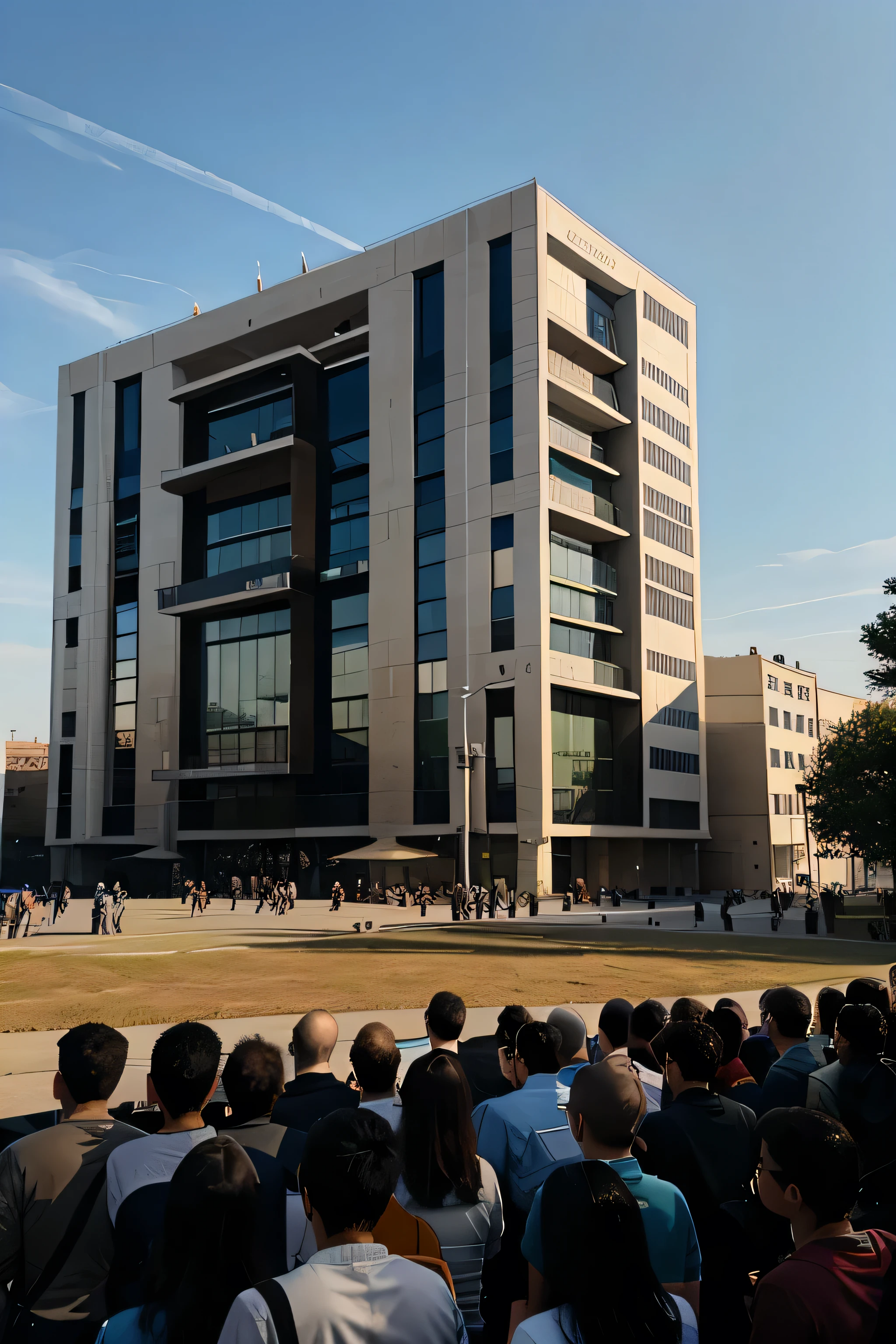 draw me a picture of a building in which there are many people gathered