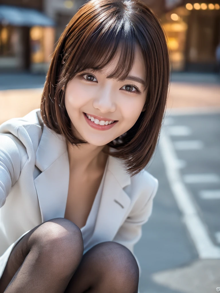8k, (Raw photo:1.2), (Photorealsitic), Beautiful detailed, beautiful Japanese women、 (Real: 1.4), extremely detailed eye and face, beatiful detailed eyes, ((Dazzling night illumination plaza:1.2)), ((Women's Suits:1.3, Ultra-realistic pantyhose:1.2))、selfee、Instagram、harsh trial、huge filesize, hight resolution, ighly detailed, top-quality, [​masterpiece:1.6], illustratio, ighly detailed, nsfw, finely detail, top-quality, 8k wallpaper, Cinematographic lighting, 1 milf, 19 year old, perfect body, Beautiful big drooping eyes, ((masutepiece)), Best Quality, eye shadow,  high-heels、Portrait、(Very affectionate smile:1.2)、realistic skin textures、shinny skin、Exposed thighs, low angle photo, full body shot,