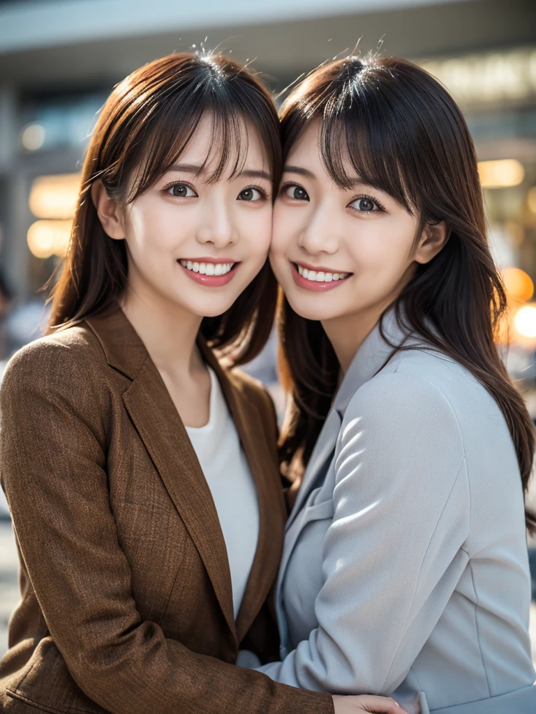 8k, (Raw photo:1.2), (Photorealsitic), Beautiful detailed, beautiful Japanese women、 (Real: 1.4), extremely detailed eye and face, beatiful detailed eyes, ((Dazzling night illumination plaza:1.2)), ((Women's Suits:1.3, Ultra-realistic pantyhose:1.2))、selfee、Instagram、harsh trial、huge filesize, hight resolution, ighly detailed, top-quality, [​masterpiece:1.6], illustratio, ighly detailed, nsfw, finely detail, top-quality, 8k wallpaper, Cinematographic lighting, 1 milf, 19 year old, perfect body, Beautiful big drooping eyes, ((masutepiece)), Best Quality, eye shadow,  high-heels、Portrait、(Very affectionate smile:1.2)、realistic skin textures、shinny skin、Exposed thighs, low angle photo, full body shot,