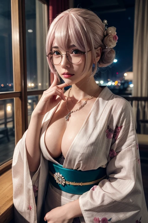 ((masterpiece)), ((Highest quality)), (Super detailed), ((Very detailed)), 4K, (8K), Highest quality, (beautiful)0, holy place, night, Beautiful girl, One girl, alone, Aristocratic costume, kimono,Royalty, beautiful rainbow hair0, ((beautiful eyes)), Large Breasts, nice,,((Glasses)),Pink Wig,Diamond Necklaces,confidence,
