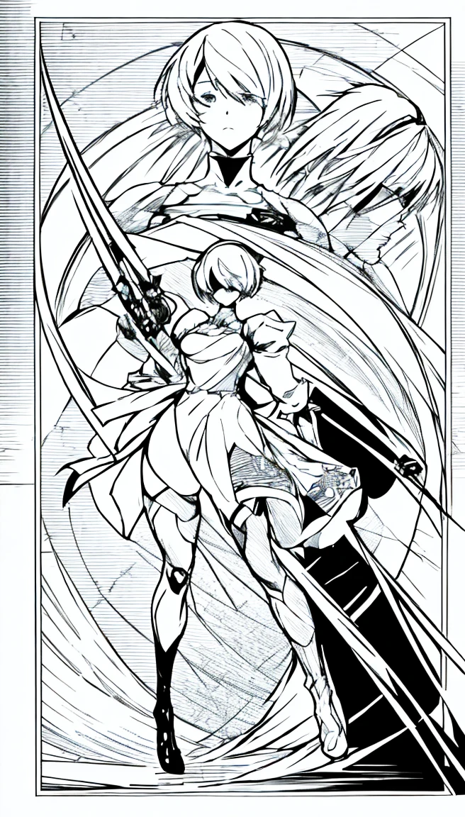 Black and white manga, manga art style, manga lineart style, 2B \(NieR:Automata\), character 2B from NieR:Automata, good anatomy, masterpiece, high resolution, high res, high quality, full art panel, full body panel, full body full art panel,