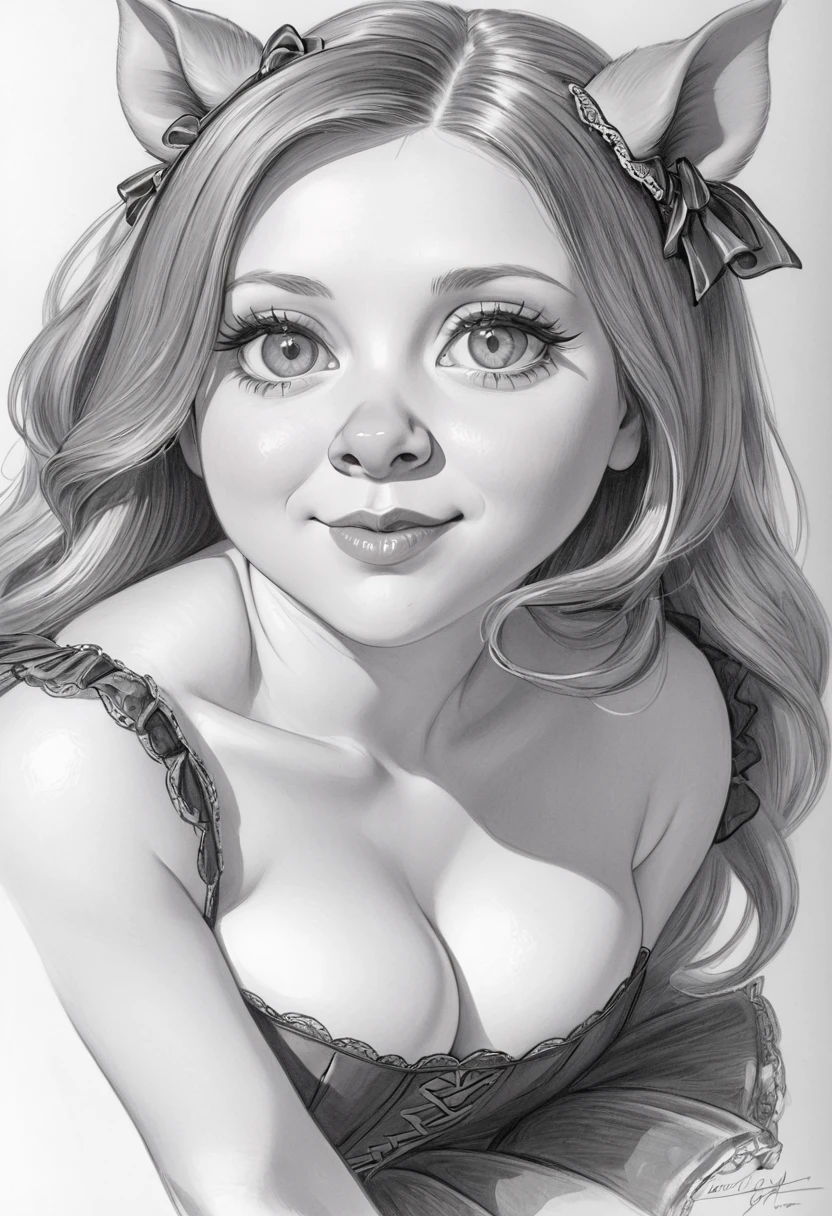 A pencil sketch of a beautiful victorian pig woman. (large pig ear, pig nose) who is a mash up of Molly Quinn, Scarlett Johanson and Alison Brie.