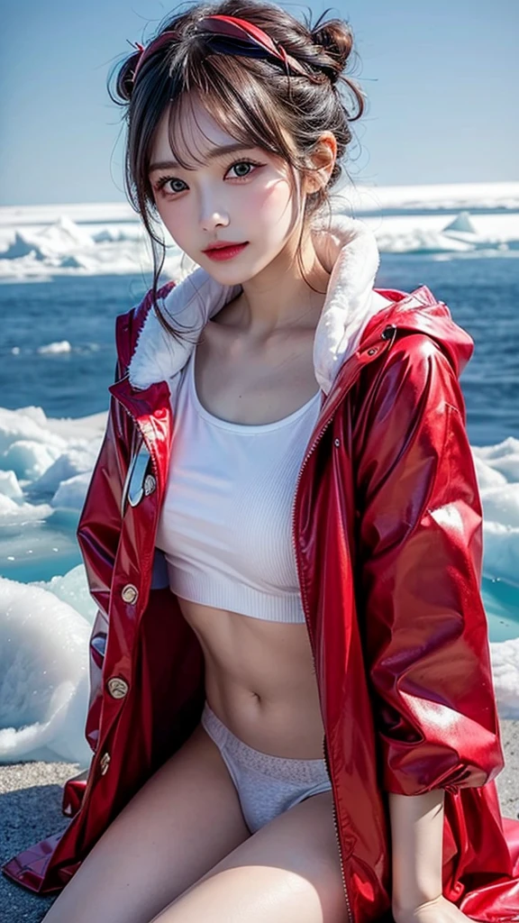 ((HD)), ((whole body)) news photography, ((pilot))((Wearing an open raincoat and underwear)), ((Lockheed Vega 5B in the Arctic)), ((enchanting)), ((Hair tied into a bun)), ((looking at camera)), detailed, detailed pretty face, sharp focus, (detailed and intricate), 4K, Leica 35mm F2.8, Fuji Superia Reala 100
