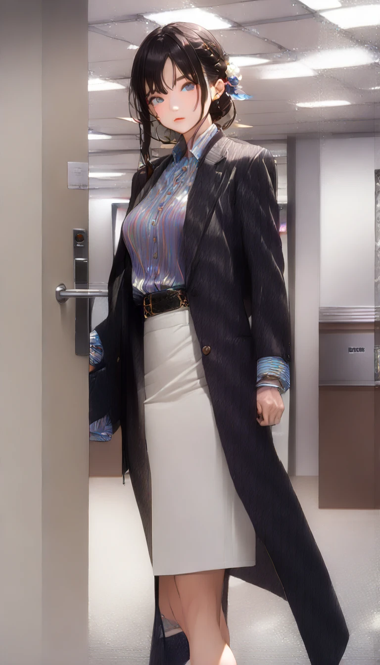 (((masterpiece))),(((High resolution)))、(((8K)))、(((perfect face)))、(((beauty of japan)))、30 years old、(((beautiful face))), (((office))), (((shirt))), ((pencil skirt)), ((tights)), embarrassed look, look at the camera, top quality eyes, detailed texture, look at the camera, all body, big , Married woman, cool women, ((high resolution eyes)), panty shot