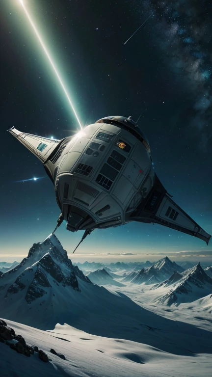 Spaceship flying over mountains with sky background, Verdant exoplanet, Sci-fi spaceship, science fiction fantasy art (Another angle), (((Showing the back of the spacecraft)))