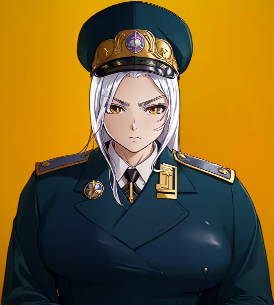 (1girl:1.3), (exceptional, best aesthetic, new, newest, best quality, anime, waifu:1.2), master piece, best quality, ultra detailed, absurdres, highres, colored, good anatomy, long silver hair, serious face, woman breast, sexy, military uniform, peak cap, insignia, medals, ribbons, 