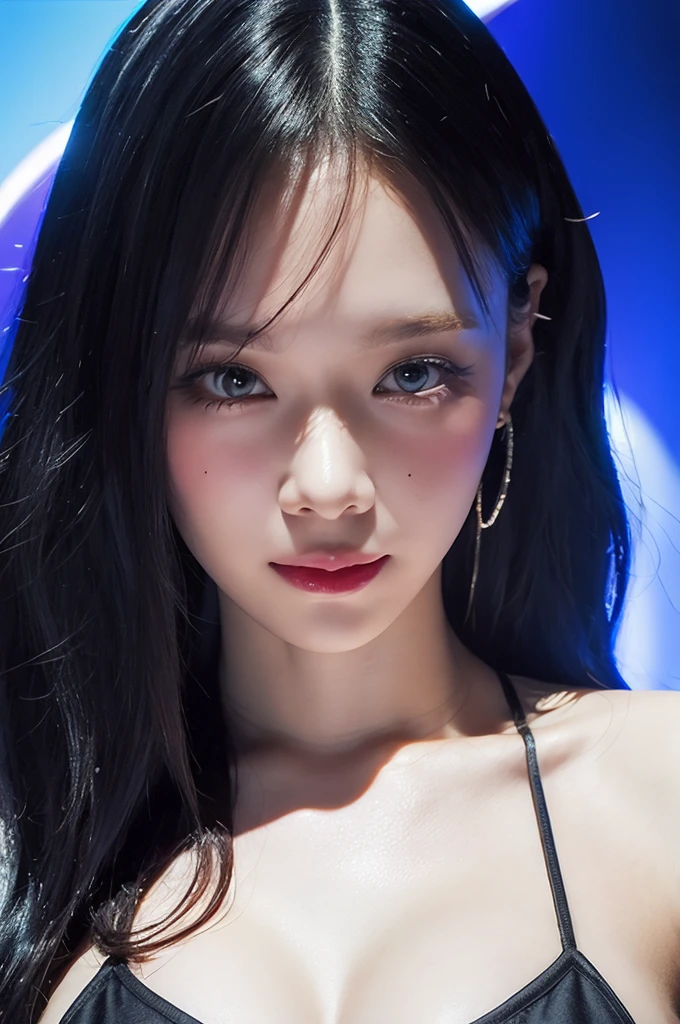 a woman,1 girl,black hair, hair bobbles, longeyelashes, solid circle eyes, light smile, mole under eye, piercing, light smile, shy, puckered lips, Surrealism, drop shadow, stereogram, ass pov, atmospheric perspective, depth of field, first-person view, f/1.8, 8K, super detail, ccurate, best quality, highres, best quality,full body,professional lighting,Cleavage