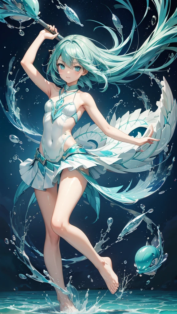 Flat-chested girl with aqua hair,Water Spirit,scales,Bare Legs,barefoot,deep sea