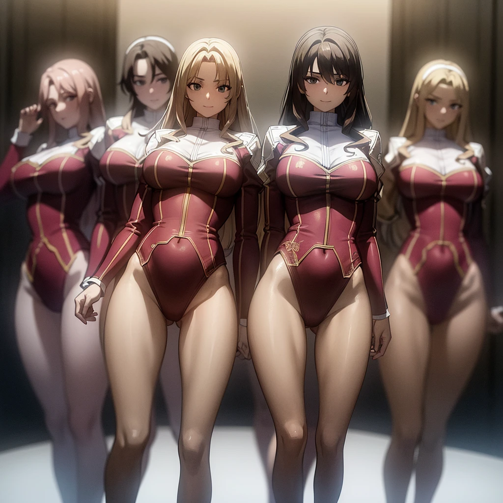 a masterpiece photo of 5 beautiful blonde sisters with curly hair, brown haired sisters, different hair colors, matching hairstyles, hazel eyes, medium bust, matching uniforms, smiling, flat color, same height, organized pose, back to back, best quality, 4k, 8k, highres, masterpiece:1.2, ultra-detailed, realistic, photorealistic, photo-realistic:1.37, HDR, UHD, studio lighting, ultra-fine painting, sharp focus, physically-based rendering, extreme detail description, professional, vivid colors, bokeh