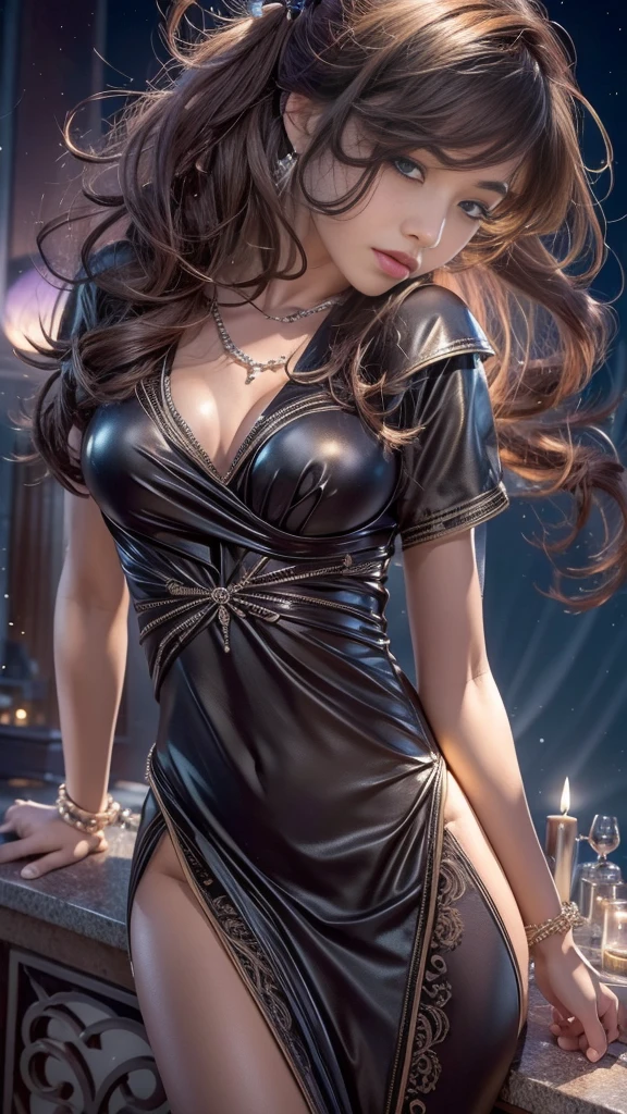 (32k:1.5, Highest quality, masterpiece, Ultra-high resolution), Perfect dynamic composition, Professional camera work:1.6, Very detailedな肌と顔の質感:1.3, Mysterious portrait:1.3, Very accurate, Very detailed, one adult woman, ((Amazing night view from the rooftop, The moonlight at night illuminates my body)), (Satin Nightgown:0.5), Incredibly slim body, Fair skin, Very beautiful face, Expressions of sadness, (Big eyes that exude beautiful eroticism:0.8, Dreamy look:1.0, I love you with all my heart:0.8, Open your mouth a little, lipstick, Feel the beautiful eroticism:0.9), (Wet dark brown medium length hair), Candles, The chest is medium, Earrings, necklace, bracelet, Tilt, get up, ((Adult charm, Feminine charm, Hair blowing in the wind))