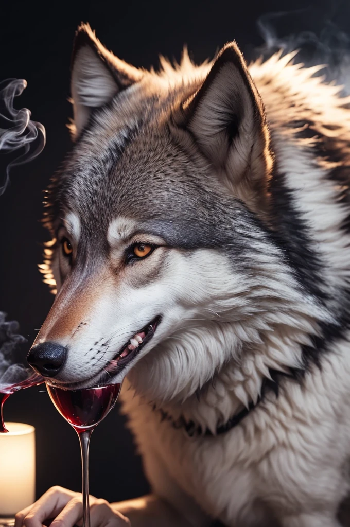 A wolf with wine smoke in the background