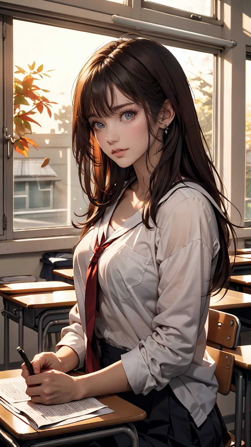 masterpiece, Highest quality, One girl, alone, , high schoanese, Brown Hair, Long Hair, Purple eyes, Side-parted bangs, Short bangs, smile, Medium chest, Classroom after school、Sunset shining through the window、Only one person、I'm sitting by the window、Looking out the window、Vision、Sailor suit、