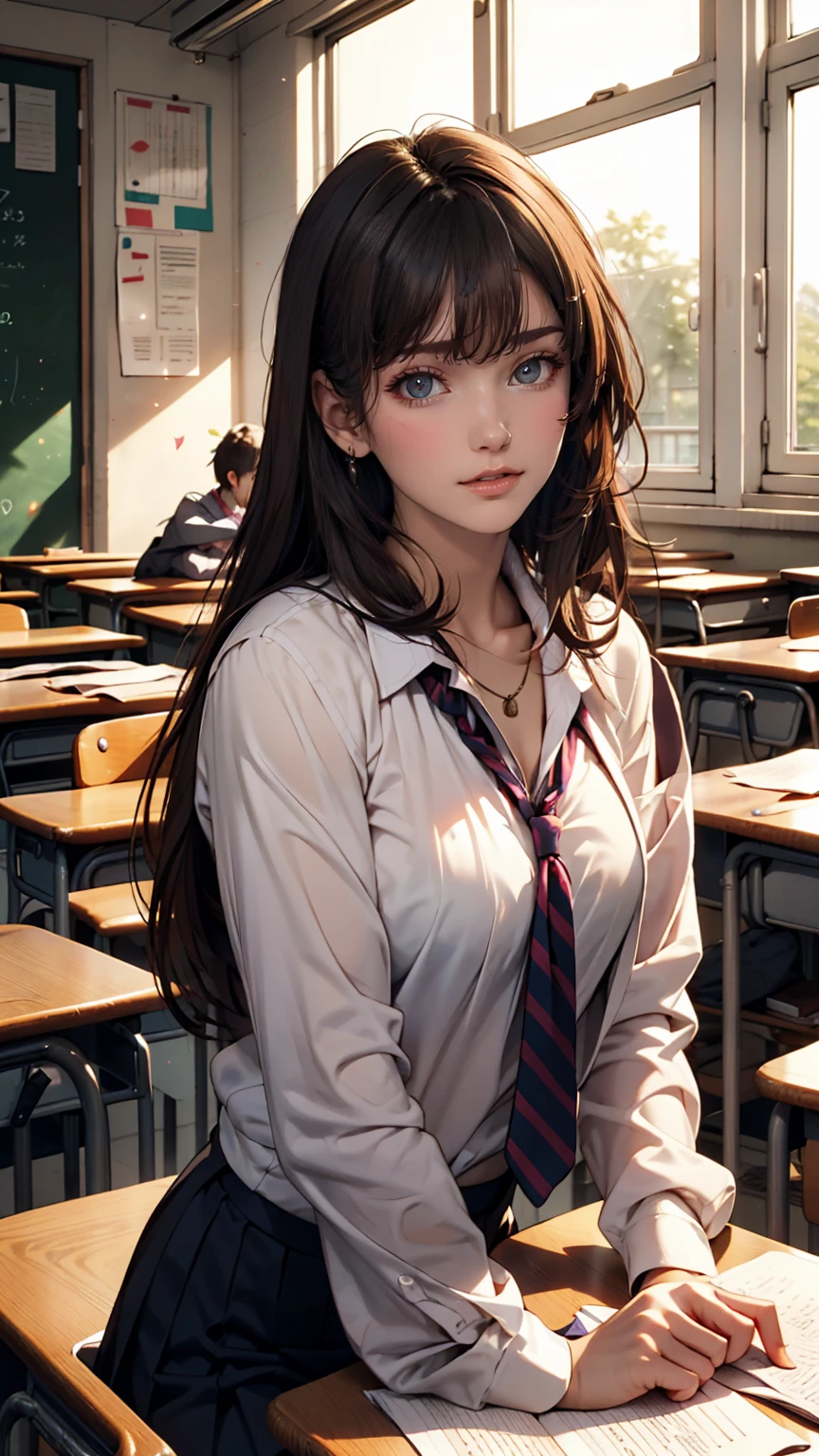 masterpiece, Highest quality, One girl, alone, , high school student、Japanese, Brown Hair, Long Hair, Purple eyes, Side-parted bangs, Short bangs, smile, Medium chest, Classroom after school、Sunset shining through the window、Only one person、I'm sitting by the window、Looking out the window、Vision、Sailor suit、