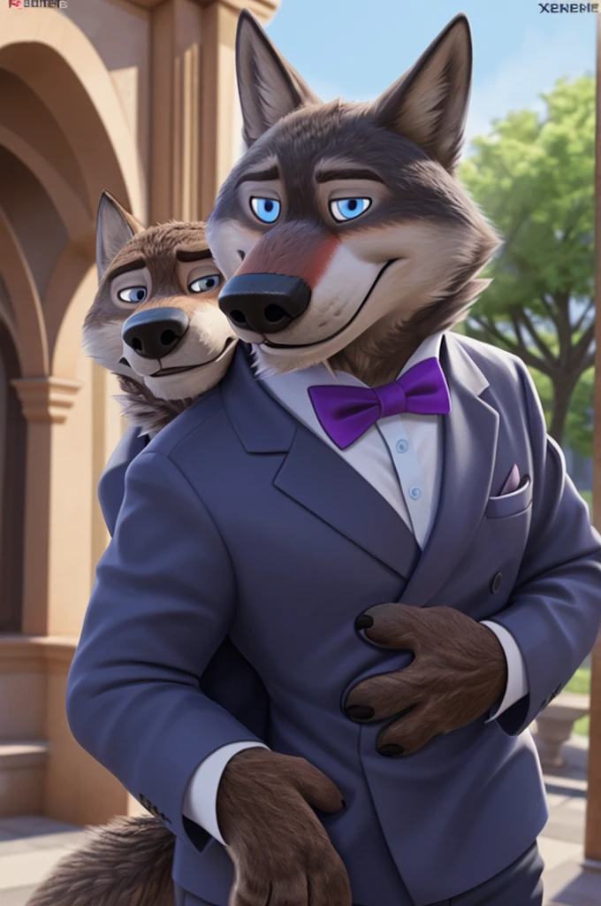 Larry (Zootopia), wolf, Gray Fur, (brown body:1.3), beautiful blue eyes, Zootopia, dressed,blazer,pink shirt,trousers,the bow tie, canine,wolf, detailed fur, male, second, paw pads, finger claws,одевает the bow tie, Games,At the viewer, 5 fingers, paws, 4 toes, in the wedding palace, groom, next to my stepfather, белый wolf,
BREAK from nextel, for dating, by xenoforge, (difficult, high detail,digital photography, soft focus, RAW, close to the camera, smile, positive, Good, mood, Houses, looks at the viewer, очень close to the camera,his wedding, palace church, hugs father Photorealism, realistic, photorealistic,digital style, Subsurface scattering,очень close to the camera
шедевр, Best quality, ultra realistic, 8 thousand.)
