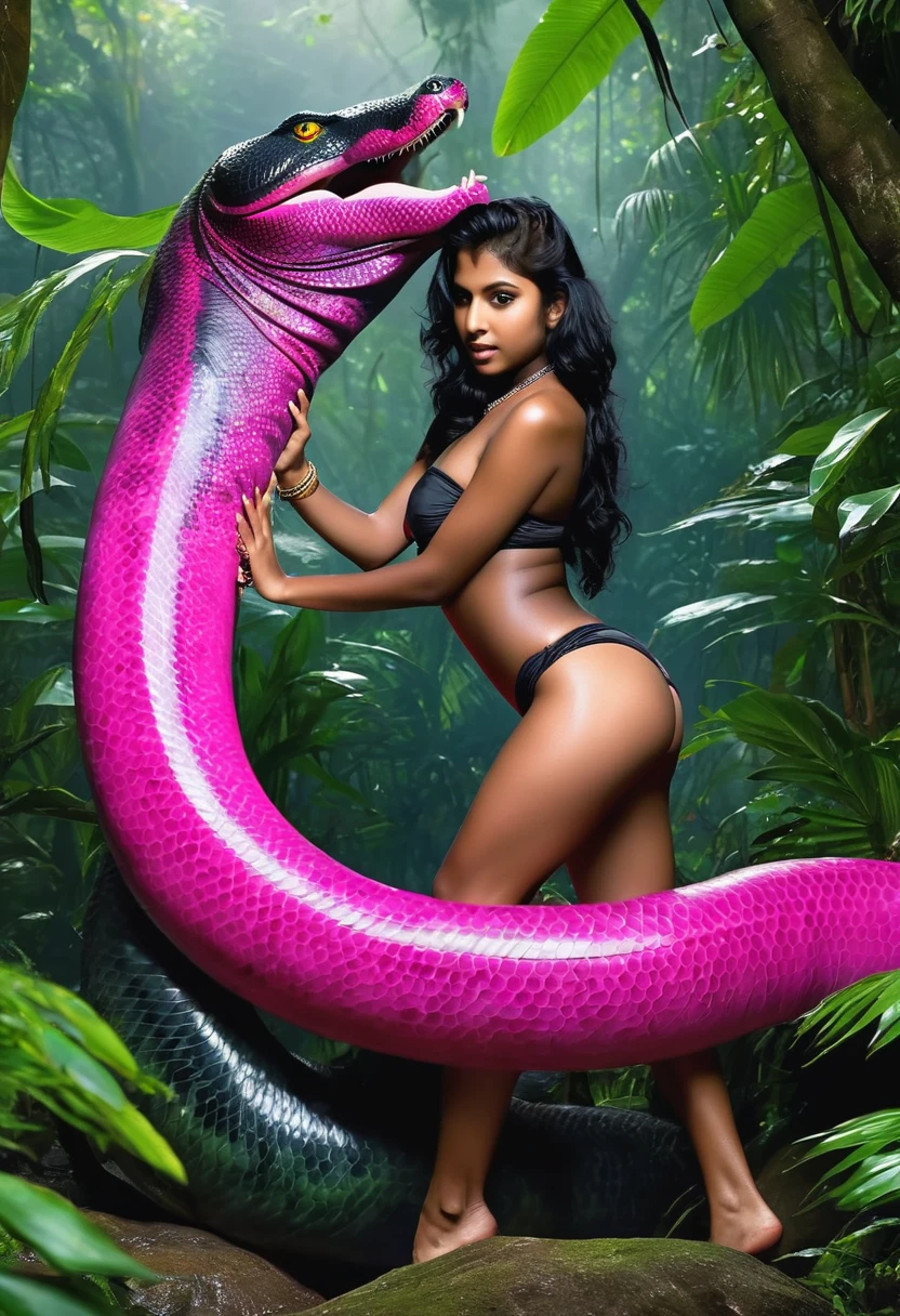  Topless  pink bikini wearing aroused horny beautiful happy indian  teen girl  vs  Giant colossal black anaconda    monster wrapped around her body squeezing her in coiled embrace cuddling and kissing  sexual erotic bestiality  sex  realistic in the rainforest full body, best quality wet 