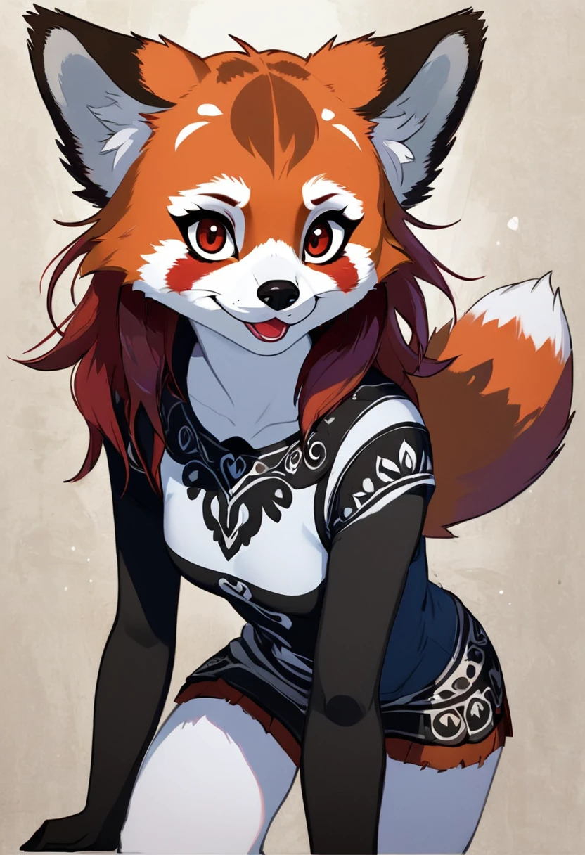 Create an illustrated, hand-drawn, full-color image of an anthropomorphic red panda women. The artwork should be rendered in the style of "Breath of the Wild," featuring warm lighting and shadows. Include graphite shading, stencil marks, and airbrushed acrylic paint effects. The image should be of the highest quality, a masterpiece with intricate details. The red panda women should have a female, humanoid, furry appearance with grey skin. She should have luscious lips, a wide smile, and bright, expressive eyes, exuding beauty, cuteness, and adorableness. Ensure the image is high resolution and sharply detailed, with a detailed and vibrant background. Incorporate mystical lighting in the background, creating a romantic and enchanting atmosphere.