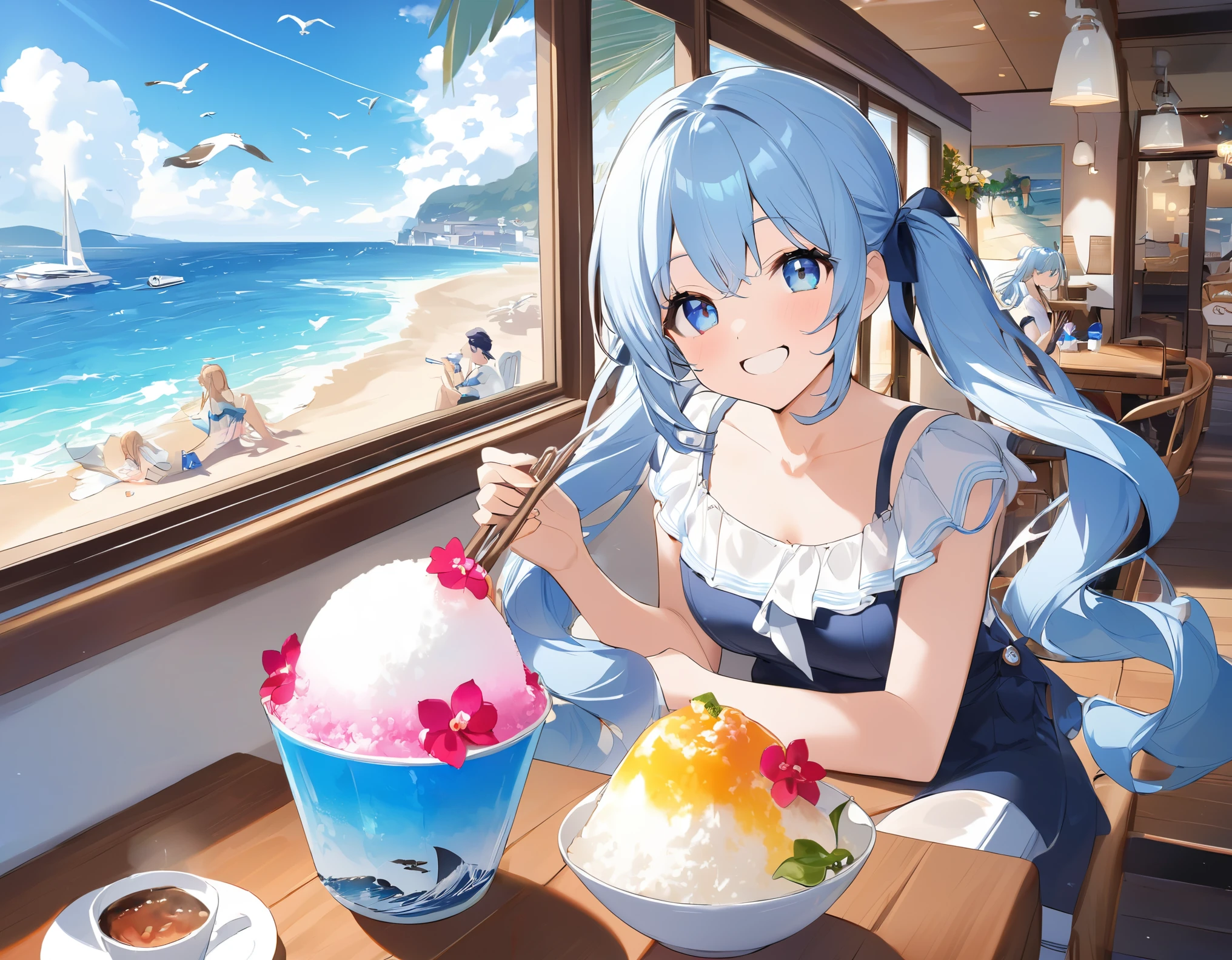 Seaside Cafe、Light blue long hair、Beautiful girl with twin tails、Eating shaved ice with relish、A cafe decorated with lots of orchid flowers、Beautiful girl with a bright smile、A squirrel is watching from the window、Yachts float on the sea and seagulls fly.