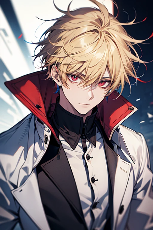 Solo, male, White shirt, blue coat, red eyes , straight facial , messy hair , short Length hair , Multicolored hair, blonde and read hair , two tone hair