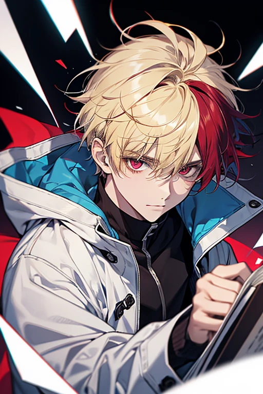 Solo, male, White shirt, blue coat, red eyes , straight facial , messy hair , short Length hair , Multicolored hair, blonde and read hair , two tone hair