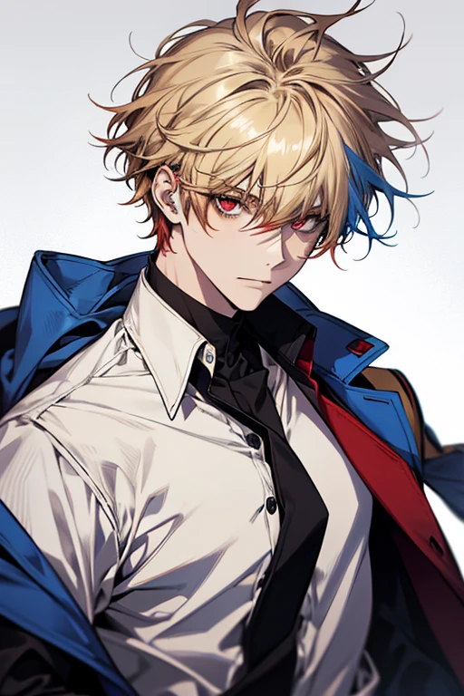 Solo, male, White shirt, blue coat, red eyes , straight facial , messy hair , short Length hair , Multicolored hair, blonde and read hair , two tone hair