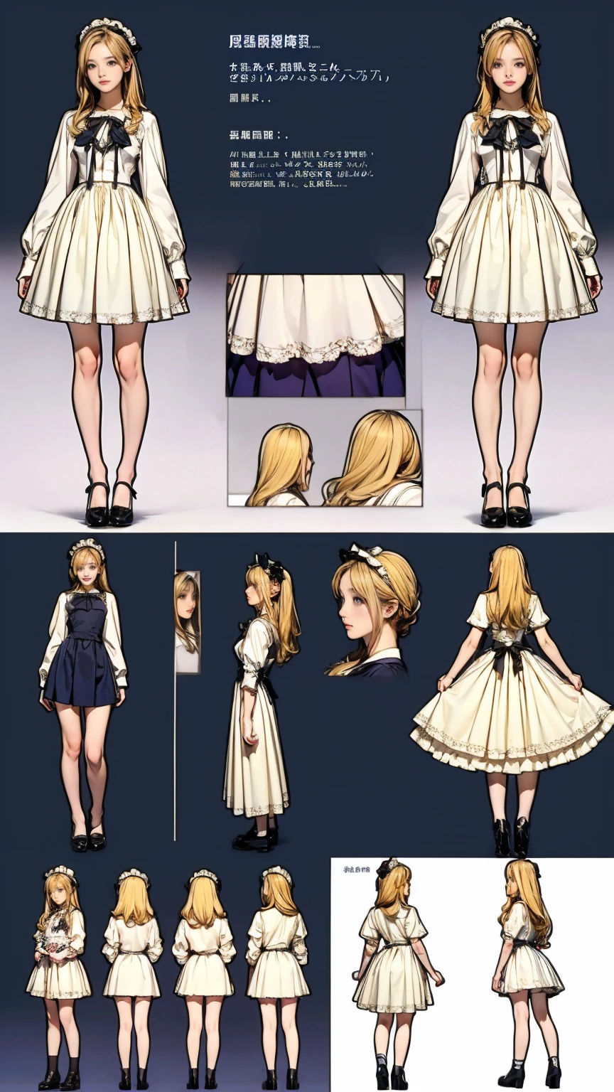 ((masterpiece)),(((Highest quality))),((Character design sheet)),Thin thighs,Long legs,whole body:1.5，Blonde fluffy long hair、blue eyes、white、 beautiful girl、Young girl、Black Lolita Fashion