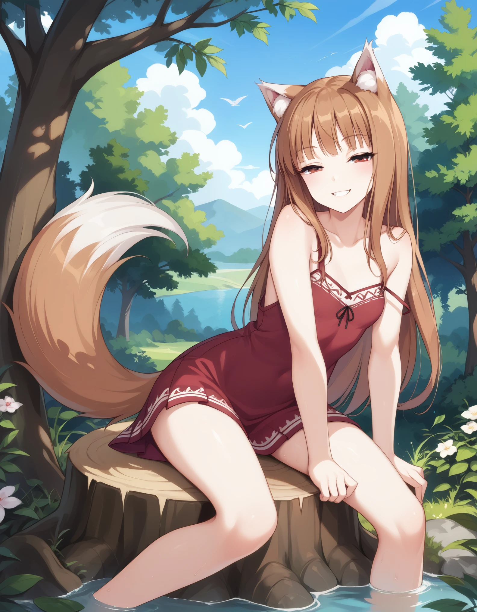 source_safe, 1girl, holo, animal ears, brown hair, long hair, red eyes, wolf ears, wolf girl, small breasts, wolf tail, spice and wolf, BREAK sitting, looking at viewer, (half-closed eyes), seductive smile, BREAK day, bare tree, outdoors, tree, tree stump, BREAK score_9, score_8_up, score_7_up, score_6_up,