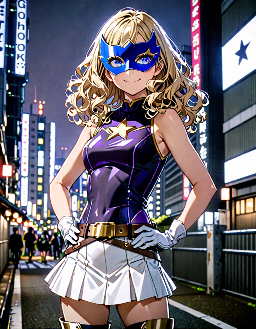 One girl, Medium chest, (((Upper Body))),(((smile))),(((leotard, 白色と青色のleotard, No sleeve, White mini skirt))), ((Tight belt, Gold Belt)), ((boots, matching boots, ankle boots, white boots)), ((gloves, white gloves)), Urban Background, tokyo Urban Background, alone, single, Hands on hips, Are standing, (((Upper Bodyショット))), Cowboy Shot, Superhero, ((Beautiful attention to detail)), (Gold star symbol on chest), (((Purple eye mask))),(((blue eyes))),(((Blonde Hair, Medium length curly hair, blue eyes))), (Perfect Anatomy), masterpiece, (((Highest quality))),