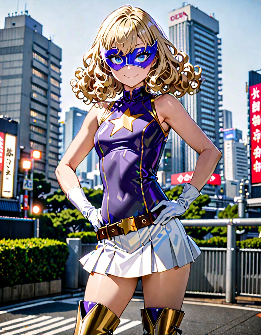One girl, Medium chest, (((Upper Body))),(((smile))),(((leotard, 白色と青色のleotard, No sleeve, White mini skirt))), ((Tight belt, Gold Belt)), ((boots, matching boots, ankle boots, white boots)), ((gloves, white gloves)), Urban Background, tokyo Urban Background, alone, single, Hands on hips, Are standing, (((Upper Bodyショット))), Cowboy Shot, Superhero, ((Beautiful attention to detail)), (Gold star symbol on chest), (((Purple eye mask))),(((blue eyes))),(((Blonde Hair, Medium length curly hair, blue eyes))), (Perfect Anatomy), masterpiece, (((Highest quality))),
