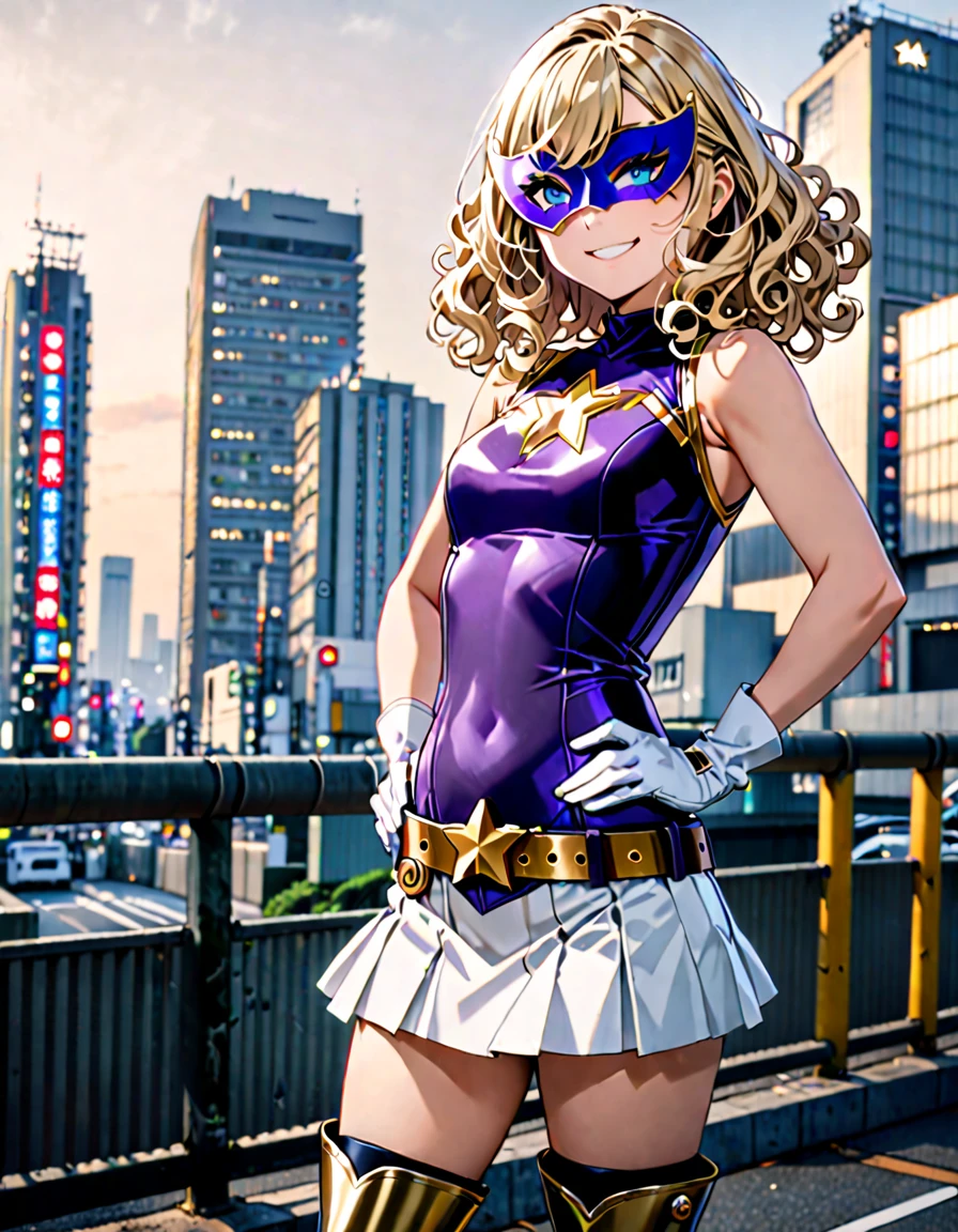One girl, Medium chest, (((Upper Body))),(((smile))),(((leotard, 白色と青色のleotard, No sleeve, White mini skirt))), ((Tight belt, Gold Belt)), ((boots, matching boots, ankle boots, white boots)), ((gloves, white gloves)), Urban Background, tokyo Urban Background, alone, single, Hands on hips, Are standing, (((Upper Bodyショット))), Cowboy Shot, Superhero, ((Beautiful attention to detail)), (Gold star symbol on chest), (((Purple eye mask))),(((blue eyes))),(((Blonde Hair, Medium length curly hair, blue eyes))), (Perfect Anatomy), masterpiece, (((Highest quality))),
