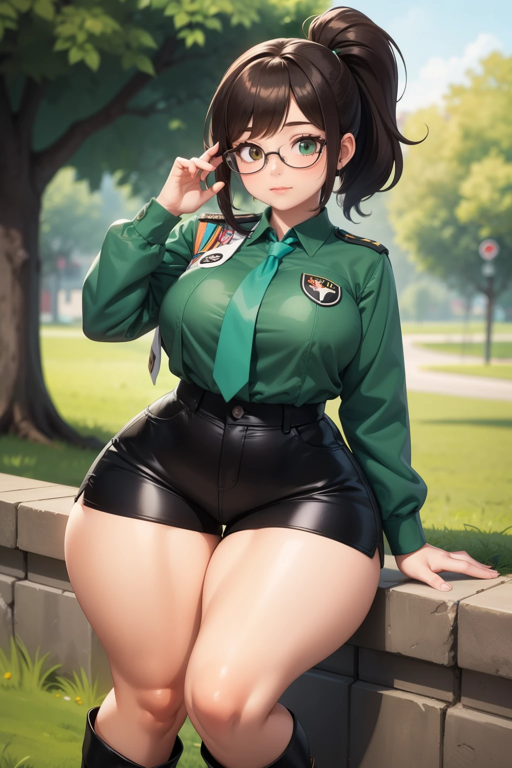 Beautiful cute young Girl Scout, peach skin, messy black ponytail, black glasses, nerdy, shy, Girl Scout outfit, short browns shorts, green tie, black boots, big thick thighs, curvy, outdoors
