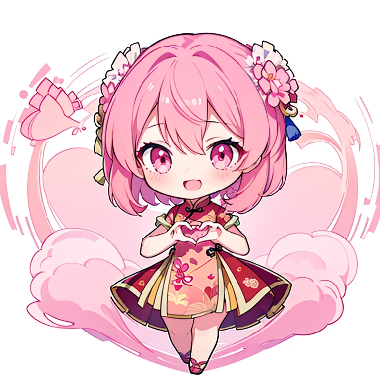 ((Highest quality)), ((masterpiece)), (detailed), Perfect Face, Perfect Arms, anime, Ultra-fine illustration, ((1 person)), ((Chibi Character)), Cute girl, ((China dress)), (Heart Hands, with own hands:1.3), smile, Open your mouth, Pink Hair, Pink Eyes, Full Body Shot,