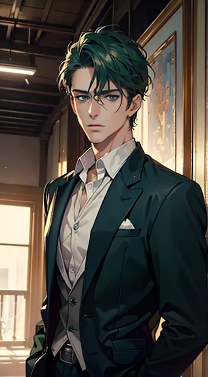 (best quality, masterpiece, 8K, photorealistic, cinematic lighting, 1:4 hdr image, ultra detailed, beautiful image), a mature man, 34 years very handsome, ((cold expression)), short green hair, blue eyes, face perfect without mistakes, ((buttoning his jacket, CEO))