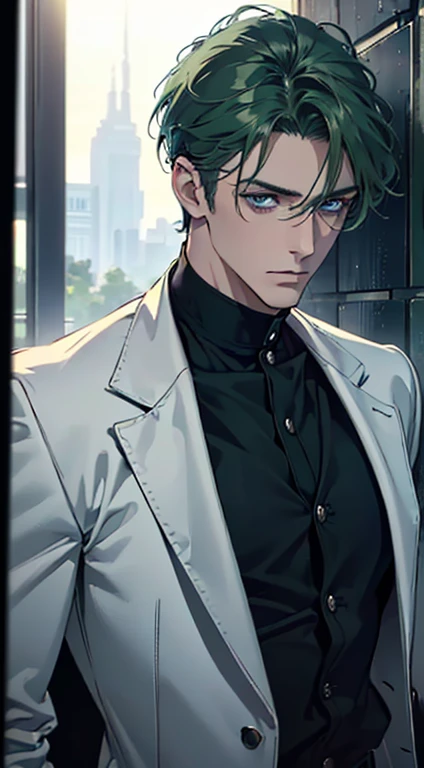 (best quality, masterpiece, 8K, photorealistic, cinematic lighting, 1:4 hdr image, ultra detailed, beautiful image), a mature man, 34 years very handsome, ((cold expression)), short green hair, blue eyes, face perfect without mistakes, ((buttoning his jacket, CEO))