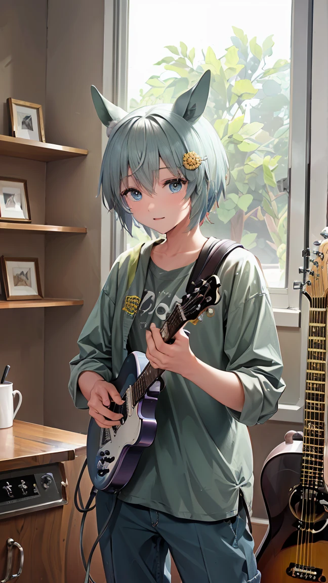 masterpiece, Highest quality, High resolution, Very detailed,(((Seiunsky holding a guitar))), (((indoor)))