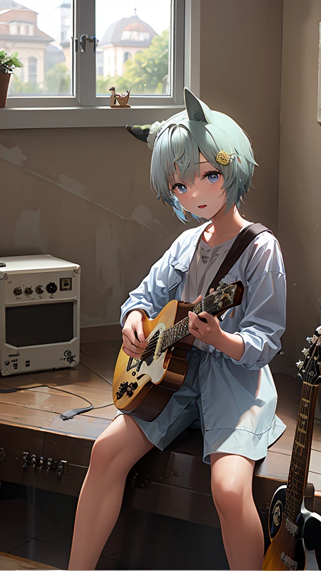 masterpiece, Highest quality, High resolution, Very detailed,(((Seiunsky holding a guitar))), (((indoor)))