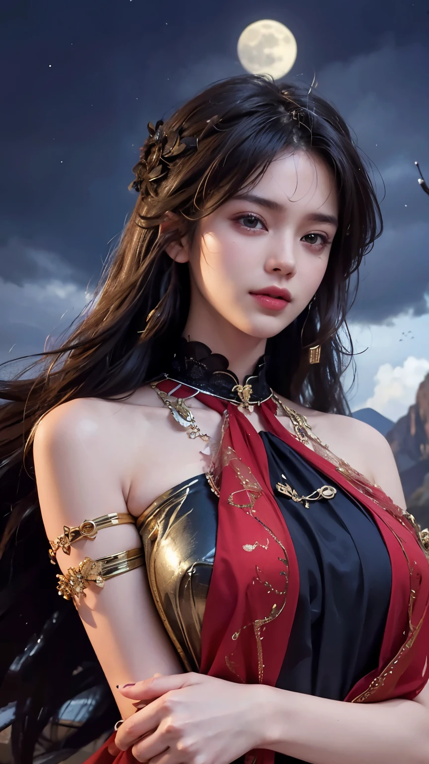 (Ultra-realistic), (Awareness-raising), (High resolution), (8K), (Very detailed), (The best Awareness-raisingns), (Beautiful and fine details), (Highest quality), (Super detailed), (masterpiece), (Detailed face), Saggy eyes,Sweaty, Full Body Lesbian, Long Hair,Colored inside,alone,A girl wearing a simple red bikini, Huge , smile, Moonlight, High heels