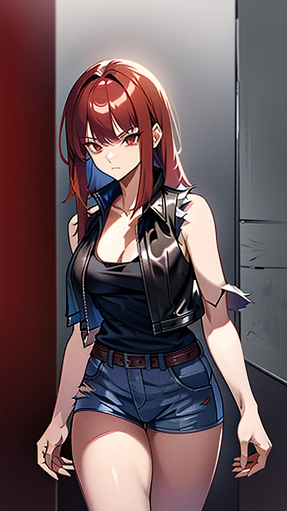 18 year old young girl, red hair with gray hair tips, red eyed, black leather jacket, short white shirt, hot blue short jean shorts, aura around the body dark red, serious look, sexy, bristly hair, spiky hair, fringe