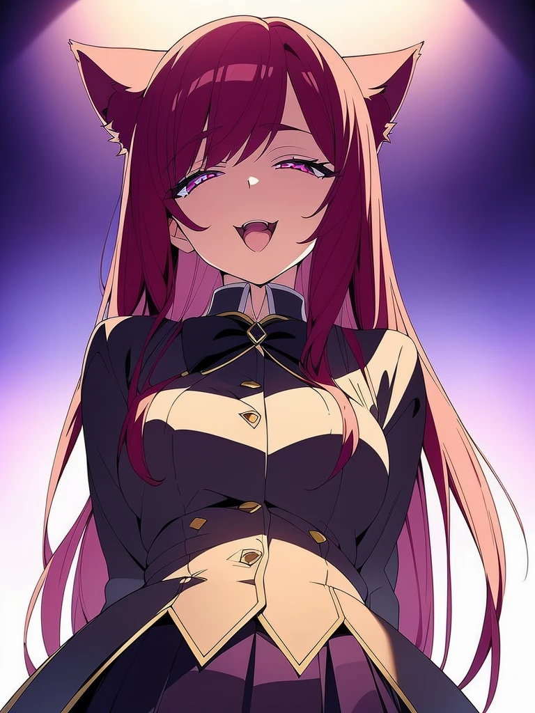 1girl ,solo,20s,mature female,red hair,long hair,fox ears,(white background),shirt,black standard tie,blue blazer,long sleeves, black pleated skirt,(upper body),squinted eyes,:D, tongue out,evil smile,from below