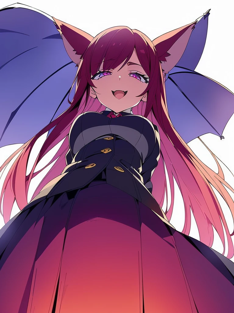 1girl ,solo,20s,mature female,red hair,long hair,fox ears,(white background),shirt,black standard tie,blue blazer,long sleeves, black pleated skirt,(upper body),squinted eyes,:D, tongue out,evil smile,from below