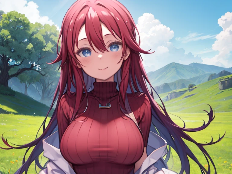 One Girl、Red color hair、long hair、Hair between the eyes、Big Breasts、Huge breasts、Blue Eyes、Red turtleneck sweater、Clothes that fit the body、Watching the audience、Embarrassed、Red face、Upper Body、Angle from the front、grassland、blue sky、Smiling、grassland、一人の少女がgrasslandでこちらを振り返った後優しく微笑む、