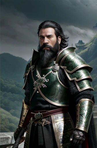 male ,whole body ,(green metal armor, metal dragon head on the shoulder, Holding a sword, (Skin of color, ),(long heavy black beard):1.2), (green metal armor with intricate pattern:1.2), gloves, Long trousers, (Very detailed, bloom:1.5), (Highest quality, Concept Art, 4K), (analog:1.2), (high sharpness), (Detailed pupil:1.1), (Painting:1.1), (digital Painting:1.1), Detailed face and eyes, masterpiece, Highest quality, (Very detailed写真:1.1), 8K, photoRealistic, (Dark Hair, Dynamic Short Hair), (PurerosFace_v1:0.2), [:(Detailed face:1.2):0.2], sharp, Realistic, Realistic Shadow, (Chinese castle background:1.2), elder, 65 years old,