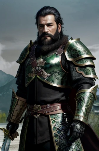 male ,whole body ,(green metal armor, metal dragon head on the shoulder, Holding a sword, (Skin of color, ),(long heavy black beard):1.2), (green metal armor with intricate pattern:1.2), gloves, Long trousers, (Very detailed, bloom:1.5), (Highest quality, Concept Art, 4K), (analog:1.2), (high sharpness), (Detailed pupil:1.1), (Painting:1.1), (digital Painting:1.1), Detailed face and eyes, masterpiece, Highest quality, (Very detailed写真:1.1), 8K, photoRealistic, (Dark Hair, Dynamic Short Hair), (PurerosFace_v1:0.2), [:(Detailed face:1.2):0.2], sharp, Realistic, Realistic Shadow, (Chinese castle background:1.2), elder, 65 years old,