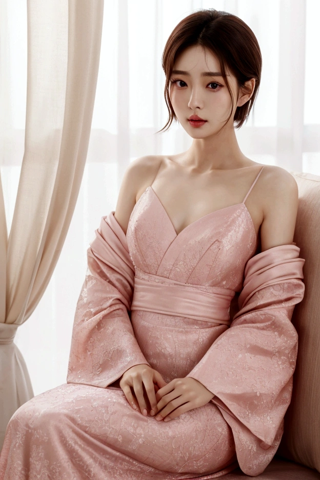 best quality, 4K,8K,realistic, realistic, very detailed, very delicate and beautiful, raw photo, Japanese and Korean beauties，korean beauty，(beautiful detailed eyes,beautiful and delicate lips, My eyebrows are thin and elegant.，A quiet and innocent face, Short hair, Looks like Jeon Ji-hyun, Looks like Son Ye-jin, Pink long dress