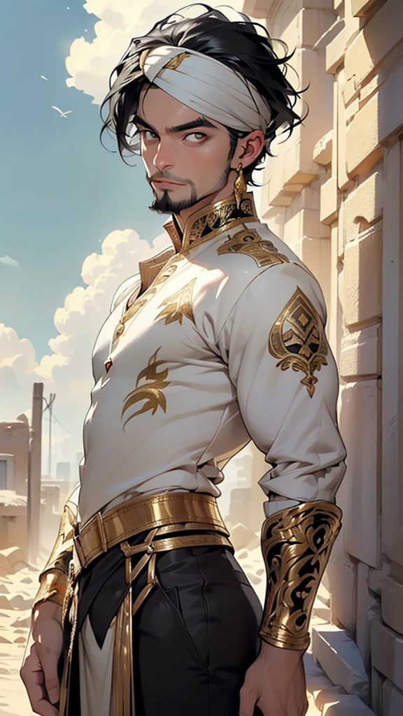(man:1.5),1 man,male, muscle, 1boy, muscle, pectoral,  muscular, Mature man,45 year,1 man,macho man,an extremely detailed face,((black hair,intricate cut hair,black hair)),(((black very short beard, black very short beard))), (((gold_eyes:1.3))),intricate eyes,beautiful detailed eyes,symmetrical eyes,perfect face, nice hair style,(perfect hands, five fingers),  thicc, ((detailed face)),macho man,

(male arab prince),prince,

(((lustrous skin:1.5,tanned skin,bright skin: 1.5,skin tanned,shiny skin,very shiny skin,shiny body))),powerful,heroic,nsfw,

(((arabic armor torso))),black cape around shoulders,black tunic,gold buttons,swedish renaissance dress,with axe,scars,gold necklace,earrings,heavy ornate armor,arabic pants,((bulge in pants)),turban, arabic clothes, long robes, white robes, bracers,(((intricate outfit,embroidered outfit,ornate outfit,intricate clothes,embroidered clothes,ornate clothes))),

dynamic pose,looking at viewer,smug,(masculine attitude),centered,scale to fit dimensions,Rule of thirds,

outdoors,(dune desert,dune desert background,pyramids in the background),scenery,extremely scenery,clouds,Egypt style,(sunset, golden hour),

(Glossy Egyptian ornaments),highres,sharp focus,(ultra detailed,extremely detailed),(photorealistic artwork:1.37),(extremely detailed CG unity 8k wallpaper),(((vibrant colors,vibrant theme))),(intricate),(masterpiece),(best quality),artistic photography,(photography taken by sldr),(intricate background),perfect rendered face,perfect face details,realistic face,photo realistic,((intricate detail)),(((realism))),
