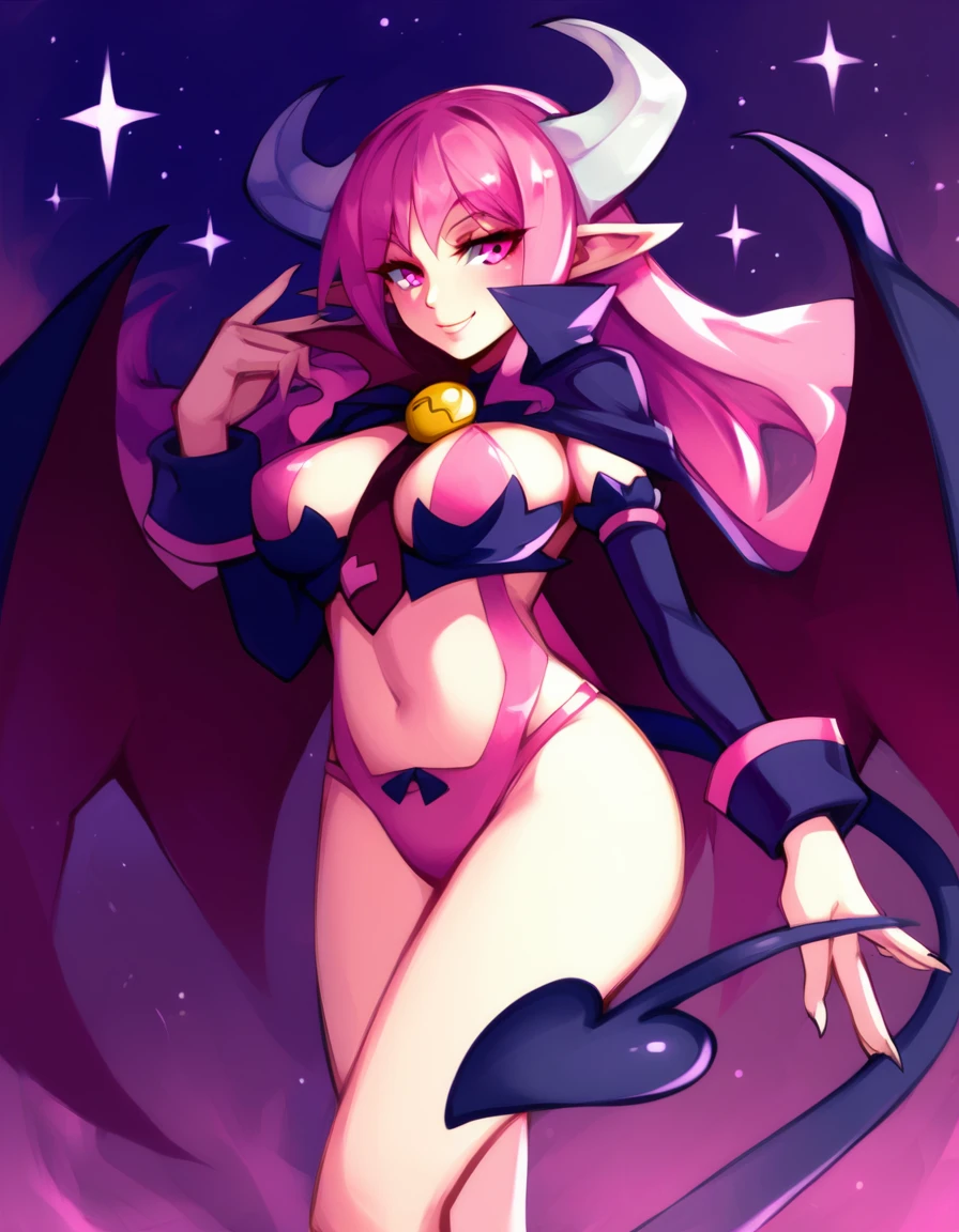 score_9,score_8_up,score_7_up BREAK {prompt}, succubusxl,pink hair,demon horns,demon tail,pointy ears,pink eyes,smiling,collared cape wings, long hair, thigh high,detached sleeves,necktie with bell,wrist cuffs,purple strapless top,pink underwear, underworld,night,large breasts, curvy